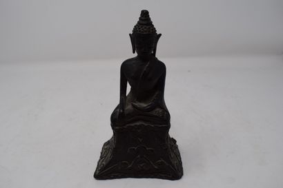 null 
Maravijaya Buddha in black patina alloy, represented seated in dhyanasana on...