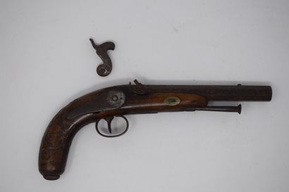 null Flintlock pistol circa 1830. Carved walnut stock, iron ramrod, broken hammer,...
