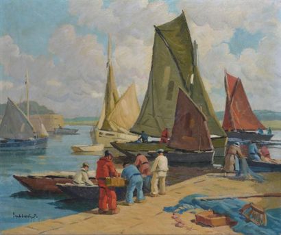 ESCHBACH Paul, 1881-1961 Le débarquement au port de Concarneau Huile sur toile, signée...