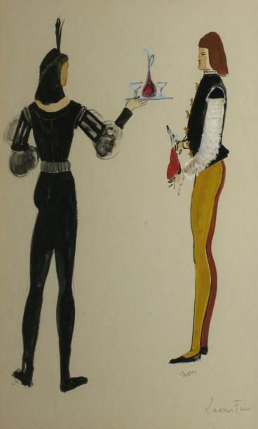 FINI Léonor, 1908-1994 Projet de costume pour le Roi pêcheur, le valet Gouache, signée...