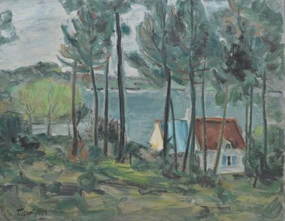 GILLES Pierre, né en 1913 Paysage de l'aven, juin 1954 Huile sur toile, signée en...