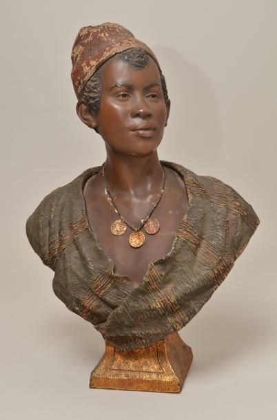 GOLDSCHEIDER Friedrich, 1845-1897 Buste de jeune africain Terre cuite polychrome...