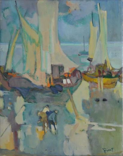 GRISOT Pierre, 1911-1994 Bateaux de pêche à marée basse, 1976 Huile sur toile, signée...