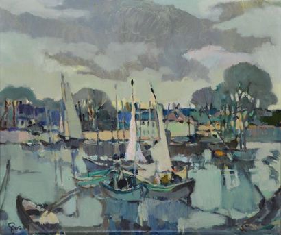 GRISOT Pierre, 1911-1993 Voiliers au port Huile sur toile, signée en bas à gauche....