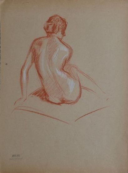 MARGAT André, 1903-1999 Huit modèles nus-Étude de porteurs Huit dessins à la sanguine...
