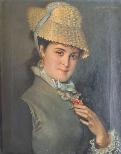 MASSON Bénédict, 1819-1893 Élégante au chapeau de paille, 1877 Huile sur toile (petits...