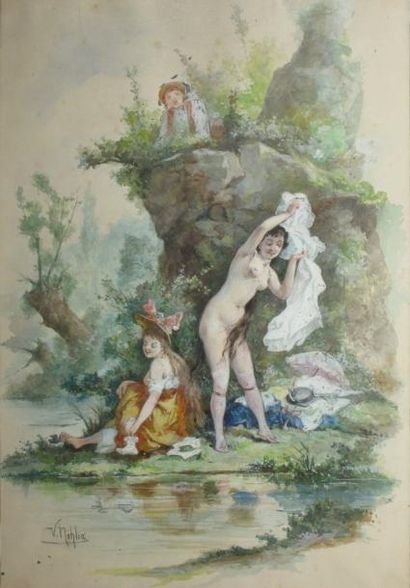 NEHLIG Victor, 1830-1909 Les plaisirs du bain Aquarelle gouachée (piqûres et oxydations...