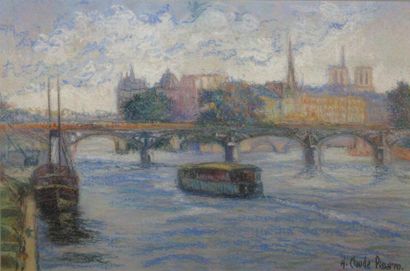 PISSARRO Hugues Claude, né en 1935 Péniche sur la Seine devant l'Ile de la Cité Pastel,...