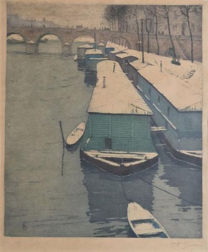 SIMON-TAVIK Frantisek, 1877-1942 Quai à Paris sous la neige Aquatinte en couleurs,...