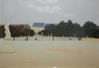 ROUX Pierre, né en 1921 Le grand bassin des Tuileries Peinture sur carton, signé...