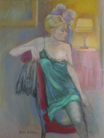 SILVERA Rina, XXe siècle Blonde au déshabillé vert Pastel, signée en bas à gauche....