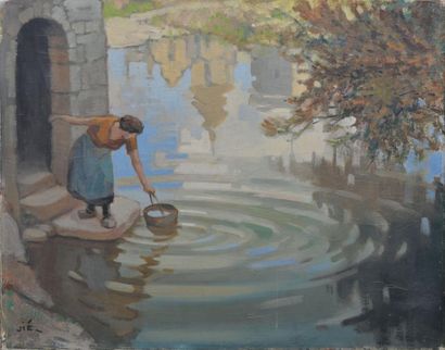 VIÉ Gabriel, 1888-1973 Lavandière puisant à la rivière Huile sur toile (craquelures),...