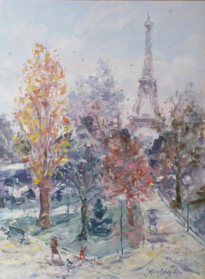 YOLDJOGLOU Georges, né en 1933 Les jardins du Trocadero sous la neige Huile sur toile,...