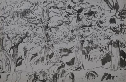 ZINGG Jules Émile, 1882-1935 Bergers sous les arbres Lavis d'encre noire sur papier...