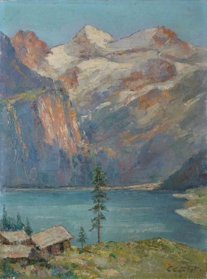 CASTELLI Clément, 1870-1959 Le lac d'Oeschiren, la Blumlisalp Huile sur toile, signée...