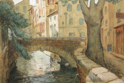 CHANEAC Paul, XIXe-XXe siècles Le petit pont en pierre, 1927 Aquarelle gouachée sur...