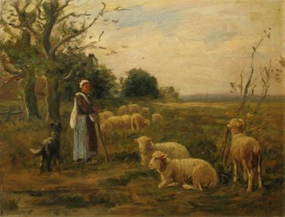 CHARPIN Albert, 1842-1924 Bergère et son troupeau de moutons Huile sur panneau, signé...