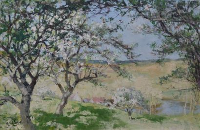 CLAIRE Auguste Jean, 1881-1970 Hameau au printemps Huile sur toile, signée en bas...