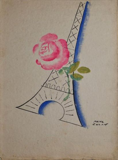 COLIN Paul, 1892-1985 Tour Eiffel à la rose Encre de Chine et aquarelle (rousseurs...