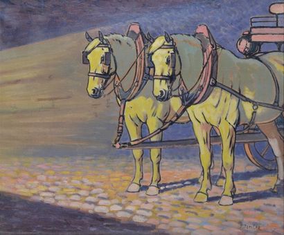 DRESLER J., XXe siècle Deux chevaux attelés, 1911 Huile sur toile rentoilée (restaurations),...