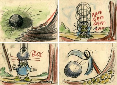 null OUT OF A LIMB - Studio Walt Disney, 1950. Quatre dessins de storyboard au pastel...