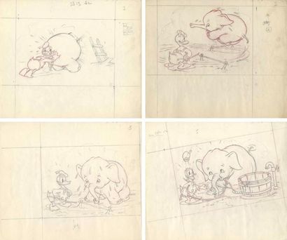null DONALD ET ELMER - Studio Disney, 1940. Cinq études préparatoires pour une page...