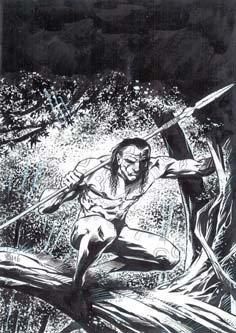 null VARANDA Illustration représentant un guerrier armé en forêt. Encre de chine,...