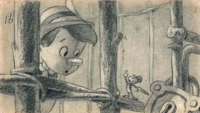 null PINOCCHIO - Studio Walt Disney, 1940. Dessin de storyboard à la mine de plomb....