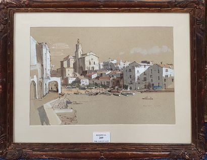 null HILDER Rowland, 1905-1993,

Cadaques, the beach and the town,

gouache on beige...