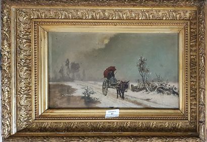 null VARNI Antonio, 1841-1908,

Young woman in a cabriolet under the snow, 1887,

oil...