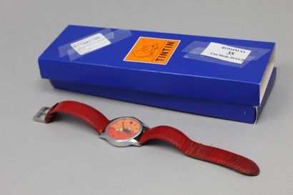null TINTIN montre bracelet cuir rouge, boîte en acier. Edition Hergé/Moulinsart...