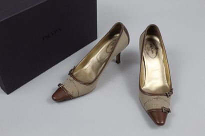 null PRADA 



Pair of tobacco leather and cream canvas pumps, with pointed toe and...