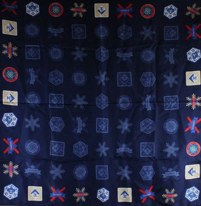 null CHANEL 

Navy blue silk square with snow and winter sports print and many logos...