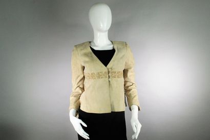  VALENTINO 
Beige suede jacket embroidered with sequins and beads. 
Buttoning three...
