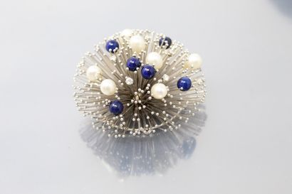 null 18K (750) white gold, lapis lazuli balls and white cultured pearls "sea urchin"...