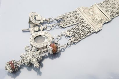 null Silver chatelaine with six chains and four pendants, a seal, a key, a filigree...