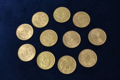 null 
Lot of eleven gold coins including:

- 2 x 20 francs Napoleon III bare head...