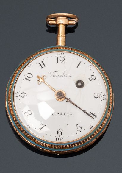 null VAUCHEZ in Paris

Late 18th century.

Enamelled gold watch. Round case on hinge,...