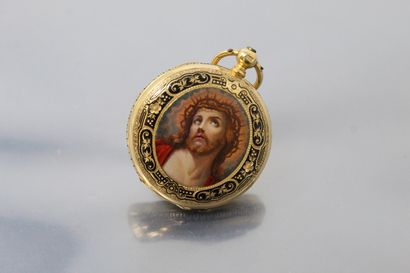 null ANONYMOUS

Mid 19th century

Gold enamelled soap watch. Round case on hinge,...