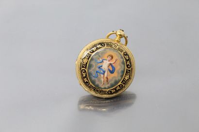 null ANONYMOUS

Mid 19th century

Gold enamelled soap watch. Round case on hinge,...