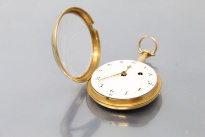 null ANONYMOUS

Early 19th century.

Gold watch. Round case on hinge, smooth back....