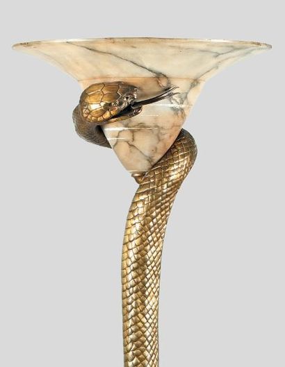 BRANDT Edgar (1880- 1960) Lampadaire au serpent avec sa coupe d'origine en albâtre....