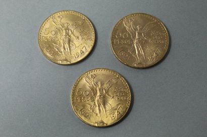 null Three gold coins of 50 pesos 

TTB. 

Weight : 124.84 g.
