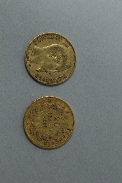 null Dix-neuf pièces en or de 20 francs Napoléon III tête nue (3 x 1853 A ; 2 x 1856...