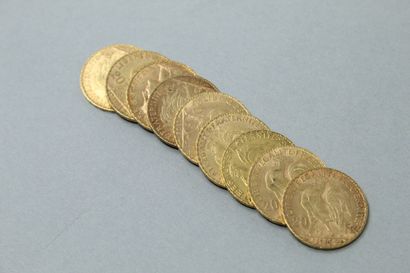Neuf pièces en or de 20 francs Coq (2 x 1902...