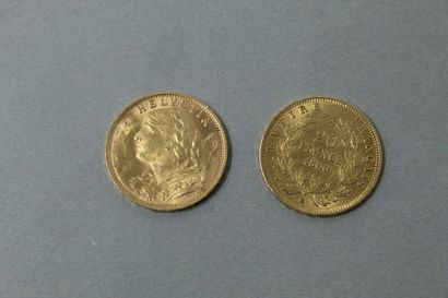 null Lot de deux pièces en or comprenant : 

- 20 francs Napoléon III tête nue (1860...