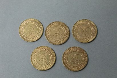 null Lot of five 20 Franc gold coins Tunisia (1897 A, 1903 A, 1904 A).

TTB to SUP.

Weight...