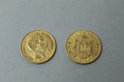 null Sept pièces en or de 20 francs Napoléon III tête laurée. (2 x 1862 BB ; 1863...