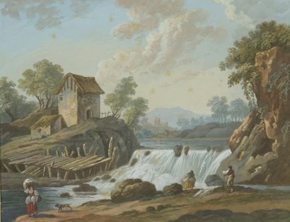 null ECOLE FRANCAISE du XVIIIe siècle 

1 - Paysage aux lavandières près du pont...