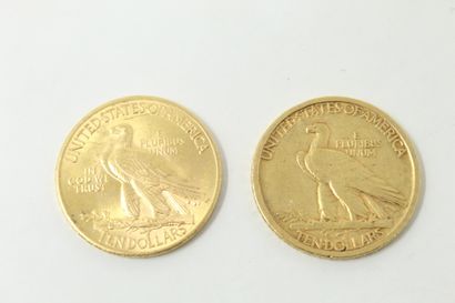 null Lot de deux pièces en or de 10 Dollars "Indian Head Eagle" 1908 sans devise...